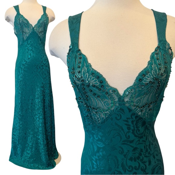 90s Victoria's Secret Lace Green Satin Jacquard Vintage Maxi Gown